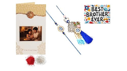 Premium Designer Bhaiya Bhabhi Rakhi Set with Lumba, Greeting Card, Roli Chawal & Fridge Magnet - color: Design-4