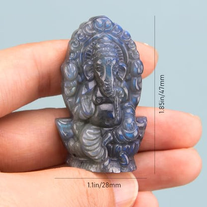 ZORZA 1Pcs Natural Labradorite Crystal Ganesha Statue Divine Hindu Ganesha Statue as Conscious Items for Meditation, Altar Kit Decoration for Yoga Room,Small Ganesh for Car Dashboard
