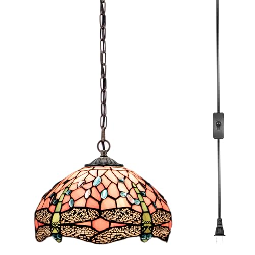 Tiffany Plug in Hanging Lamp Pink Dragonfly Stained Glass 180 Inch - color: Pink Dragonfly
