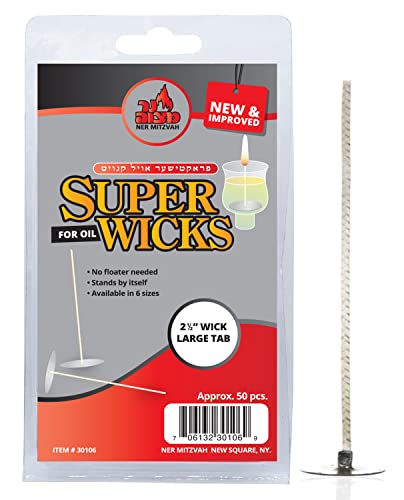 Ner Mitzvah Self Standing Cotton Wicks for Glass Oil Cup, Large Tabs, 2.5 inch Wicks, No Floater Needed, for Candle Lighting, Multipurpose (Pack of 50) - size: Large