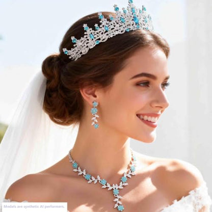 Kamirola Tiaras and Crowns for Women,Tiaras Earrings Necklace, Crystal Bridal Jewelry Set (TR48) - color: Silver Lack Blue