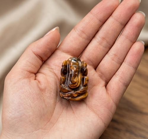 Natural Tiger Eye Stone Ganesha Statue Pocket Ganesh Car Dash Board Handcarved Tiger Eye Ganesh Statue - color: Tiger Eye Ganesh
