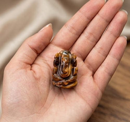 Natural Tiger Eye Stone Ganesha Statue Pocket Ganesh Car Dash Board Handcarved Tiger Eye Ganesh Statue - color: Tiger Eye Ganesh