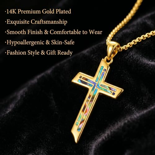 ROMANTICWORK Cross Pendant Necklace 14k Gold Plating Christian Crucifix Necklace Religious Confirmation Jewelry Gifts for Men Women - color: Abalone Shell Cross