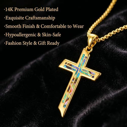 ROMANTICWORK Cross Pendant Necklace 14k Gold Plating Christian Crucifix Necklace Religious Confirmation Jewelry Gifts for Men Women - color: Abalone Shell Cross