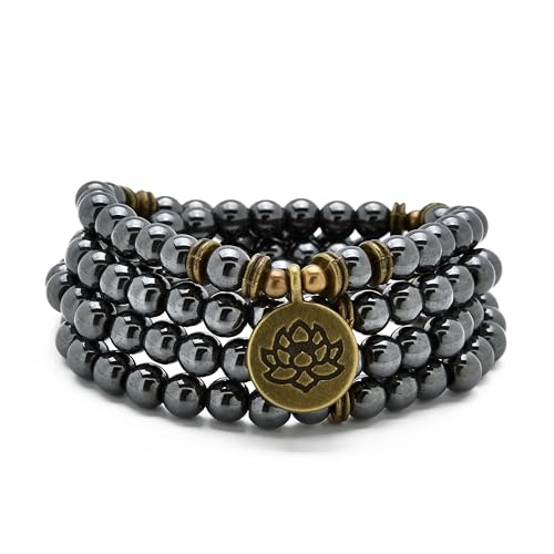 108 Healing Mala Beads Bracelet or Necklace with Gold Lotus Charm - style: Hematite