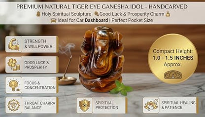 Natural Tiger Eye Stone Ganesha Statue Pocket Ganesh Car Dash Board Handcarved Tiger Eye Ganesh Statue - color: Tiger Eye Ganesh