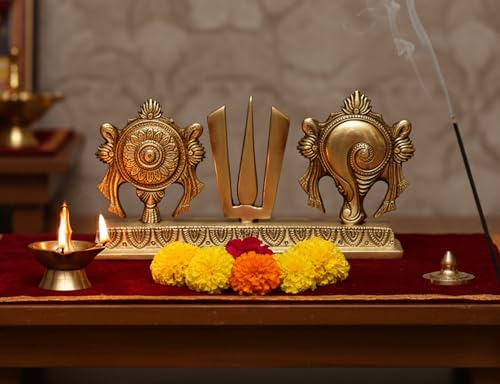 eSplanade Brass Shankh Chakra Namah Showpiece | Shankha Chakra Tilak | Shankha Gada Padma | Padmanabha Swami | Vishnu | Home Decor (8.75 Inches)