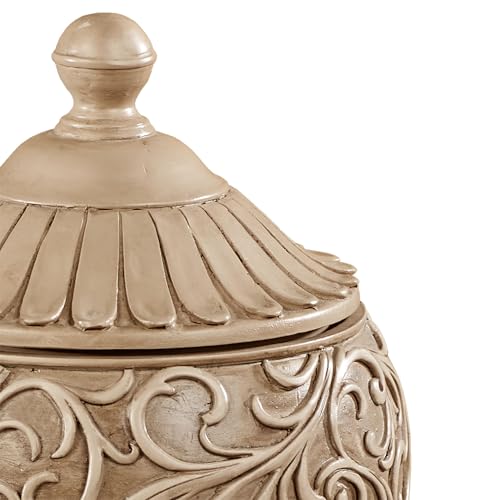 Abriella Traditional Decorative Covered Jar Tan Spherical Scrolls 11 Inches High