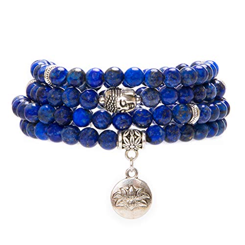 Bivei 108 Mala Beads Necklace Long Beaded Wrap Bracelets Genuine Gemstone Mala Prayer Beads Lotus Buddha Charm Yoga Meditation Necklace - color: Lapis Lazuli-Lotus OM-Buddha