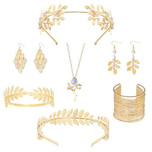 9 Pcs Greek Goddess Accessories for Women Golden Roman Laurel Leaf Crown Headband Upper Arm Cuff Bracelet Pearl Drop Earrings Necklace Toga Waist Belt Toga Costume Jewelry for Bridal Bridesmaid Wedding Party - style: GREEK