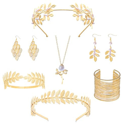 9 Pcs Greek Goddess Accessories for Women Golden Roman Laurel Leaf Crown Headband Upper Arm Cuff Bracelet Pearl Drop Earrings Necklace Toga Waist Belt Toga Costume Jewelry for Bridal Bridesmaid Wedding Party - style: GREEK