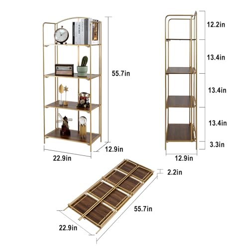 Crofy 4-Tier Foldable Bookshelf, Gold Frame & Walnut Shelves - color: Gold Frame & Walnut Shelf, size: 4 Tier
