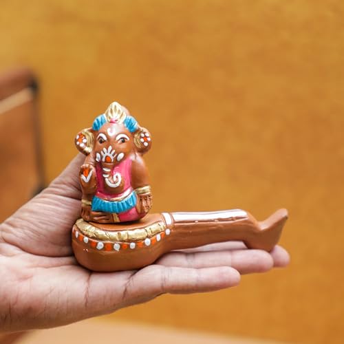 Desi Favors Terracotta Handmade Ganesha | Indian Traditional & Modern Art Handpainted Clay Antique Veena Religious Ganesha Statue Idols Pooja Wedding Gift for Home Decor - 5x4 Inch (Pack of 1) - style: Terracotta Hand Made Ganesha