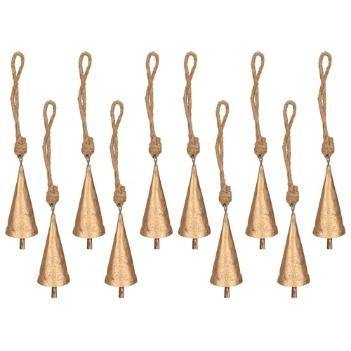 10 Pcs Gold Christmas Jingle Bell with Jute Rope – Rustic Tin Hanging Bells for Craft, Farmhouse Decor, Christmas Tree Ornaments, Vintage Holiday Decoration, Witch Bells, Boho Garland, Cow Bell - color: Gold Cone Shape 10 Pcs