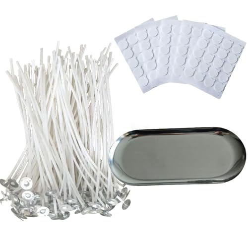 6 inch Pre-Waxed Candle Wicks - 100 Pcs Wicks with 100 Wick Stickers & 1 Gold Tray Holder, Low Smoke Wicks for DIY Candle Making, Soy Wax, Beeswax, Coconut Wax (Silver, 7) - color: Silver, size: 7