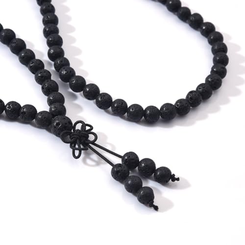 108 Mala Beads Stretch Bracelet 6mm Natural Gemstone Prayer Beaded Necklace - color: Black Lava