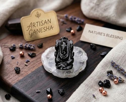 Natural Black Agate Gemstone Ganesha Statue Sculpture Sign of Success and Good Luck. - color: Black Agate Ganesh