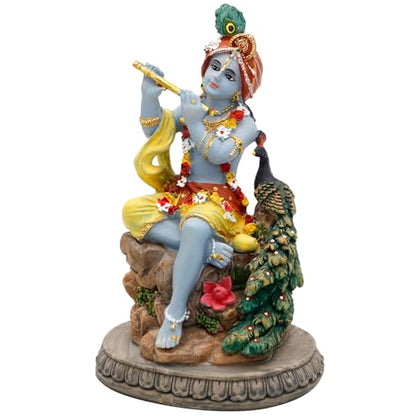 alikiki Hindu God Krishna Statue - 5.5”H India Lord Krishna Idol Play the Flute w/Peacock Murti Item Home Office Temple Mandir Shrine Altar Pooja Decor Diwali Puja Decor Gifts for Indian Friend