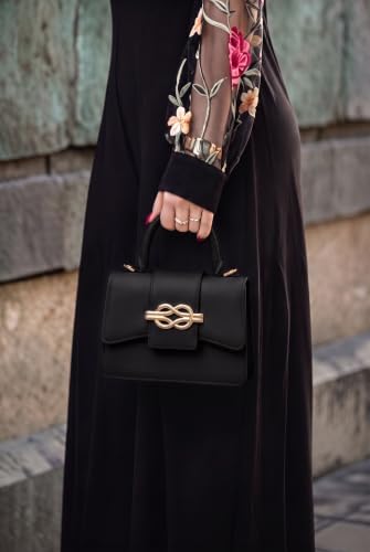 Milan Chiva Top Handle Bag for Women Small Elegant Crossbody Purse Square Hangbag with detachable Strap - color: Bow-black Onyx