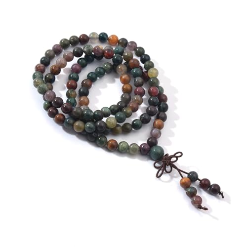 108 Mala Beads Stretch Bracelet 6mm Natural Gemstone Prayer Beaded Necklace - color: Indian Agate