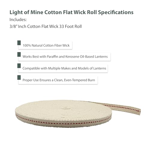 Light of Mine - 3/8" Inch 33' Foot, 100% Cotton Flat Wick for Paraffin Oil, Kerosene Based Lanterns, and Oil Lamps with Genuine Red Stitch (3/8" - 33' Roll) - size: 3/8" 33 foot - 1 Pack