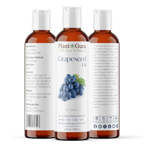 Grapeseed Oil 4 oz. Cold Pressed 100% Pure Natural Carrier for Skin, Body, Face, and Hair Growth Moisturizer. Great for Creams, Lotions, Lip Balm and Soap Making. - size: 4 Ounce