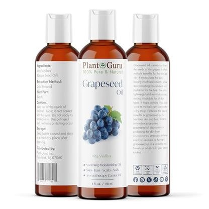 Grapeseed Oil 4 oz. Cold Pressed 100% Pure Natural Carrier for Skin, Body, Face, and Hair Growth Moisturizer. Great for Creams, Lotions, Lip Balm and Soap Making. - size: 4 Ounce