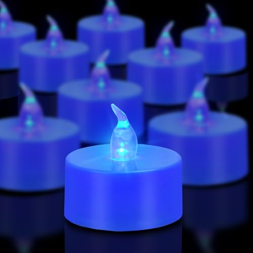 Tea Lights Battery Operated Candles LED Tea Lights Flameless Candles 200+ Hours Flickering Fake Tealights for Sweetest Day Wedding Home Decorations Party (Blue Base, 24 Pack) - color: Blue Base, size: 24 PACK