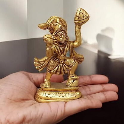 4" Brass Hanuman Statue with Sanjivani Mountain – Standing Lord Hanuman Idol | Small Hindu Monkey God Bajrangbali Murti for Devotion, Strength, Courage & Bhakti | Spiritual Pooja Idol - size: 4"Inch