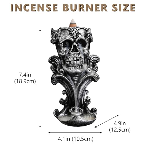 Comeon Backflow Incense Holder Skull Waterfall Incense Burner, Silver - color: Silver