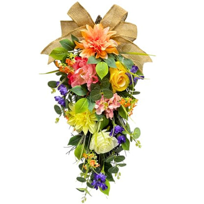 Svndlyn Lighted Spring Summer Floral Teardrop Swag with Burlap Bow, Dahlia