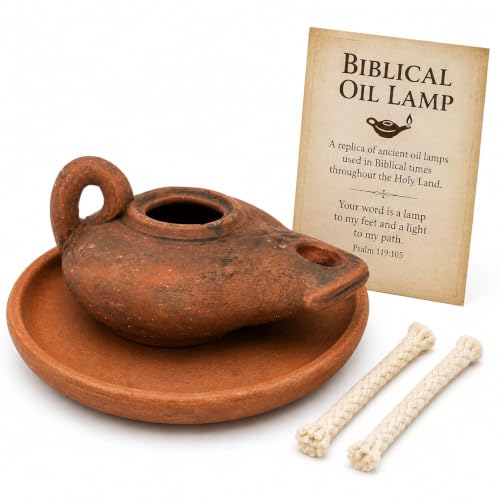 Biblical Oil Lamp Set, Handmade Holy Land Clay Lamp with Plate & 2 Wicks - color: Antique / Black