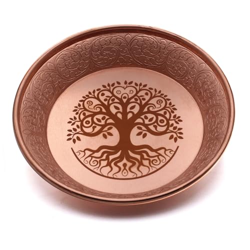Copper Offering Ritual Bowl - Carving Tree of Life Brass Decorative Plate Great for use Witches,Smudging, Incense Burner Holder,Candle Dish, Ash Catcher,Jewelry Dish,Keys Basket - style: Tree of Life
