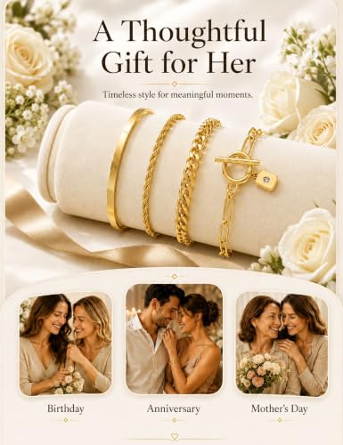 10 Pcs 14K Gold Plated Bracelet for Women, Dainty Stackable Chain Set - color: Yellow Gold