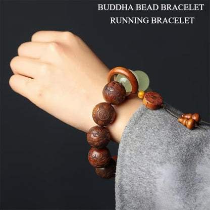 Pear Wood Buddha Beads Mala Bracelet Hand Carved Wooden Beads with Luminous Jade Lucky Charms Wealth Attracting Buddhist Prayer Bracelet for Men and Women Healing Energy Running Ring - color: Brown and green
