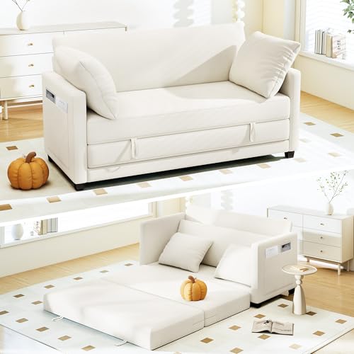 Myroyalsit 65" Convertible Loveseat Sofa Bed, 2-in-1 Folding Sofa Bed with 2 Pillow for Small Spaces, Modern Loveseat Sleeper Couch for Apartment, Living Room & Guest Room (Beige Chenille, 65 inch) - color: Beige, size: 65"