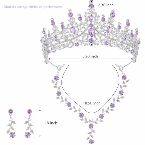 Kamirola Tiaras and Crowns for Women,Tiaras Earrings Necklace, Crystal Bridal Jewelry Set (TR48) - color: Silver Purple