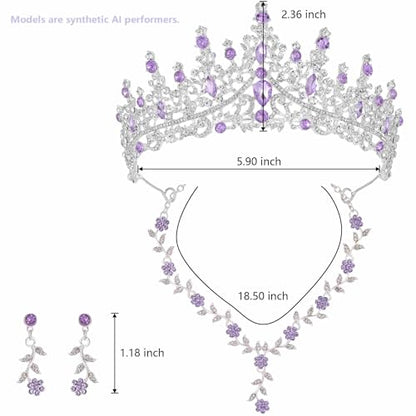 Kamirola Tiaras and Crowns for Women,Tiaras Earrings Necklace, Crystal Bridal Jewelry Set (TR48) - color: Silver Purple