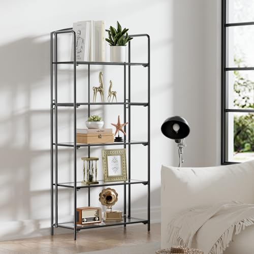 Crofy 5-Tier Wider Foldable Bookshelf, Black Frame & Transparent Shelves - color: Black Frame & Transparent Shelf, size: 5 Tier Wider