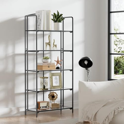 Crofy 5-Tier Wider Foldable Bookshelf, Black Frame & Transparent Shelves - color: Black Frame & Transparent Shelf, size: 5 Tier Wider