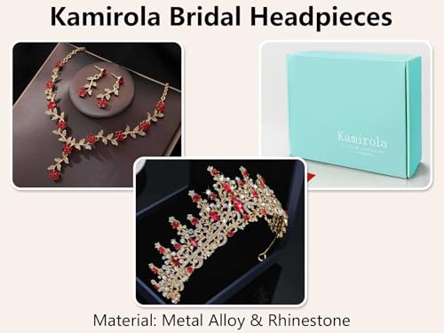 Kamirola Tiaras and Crowns for Women,Tiaras Earrings Necklace, Crystal Bridal Jewelry Set (TR48) - color: Gold Red