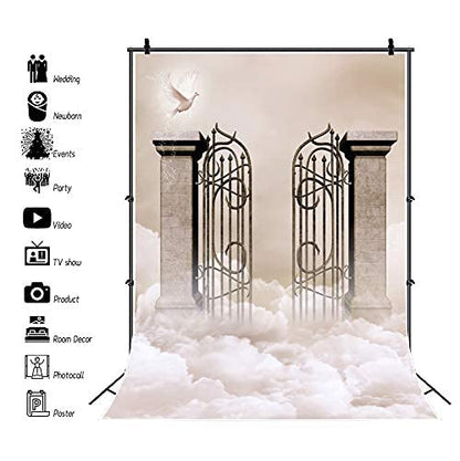 Laeacco 5x7ft Holy Heaven Gate Backdrop Dove White Cloud Magical Mystery Backdrop for Birthday Baby Shower Party Decor Adults Portraits Wedding Photo Studio Props Trunk or Treat Booth