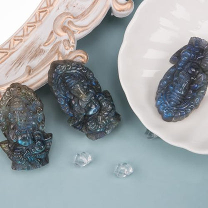 ZORZA 1Pcs Natural Labradorite Crystal Ganesha Statue Divine Hindu Ganesha Statue as Conscious Items for Meditation, Altar Kit Decoration for Yoga Room,Small Ganesh for Car Dashboard