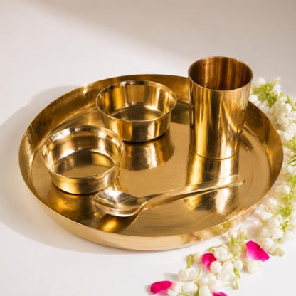 P•TAL Pure Kansa 5 Piece Dinner Thali Set | 100% Handcrafted Bronze Dinnerware | 11 Inch Thali, 2 Bowls, 1 Glass & 1 Spoon | Traditional Golden Indian Dining Set | Ayurvedic Bronze Utensils