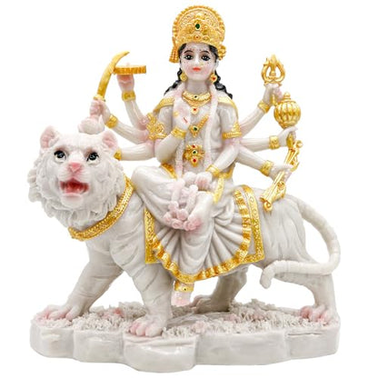 alikiki Durga MATA Idol Statue– 8.5” Marble Color Hindu Goddess Durga on Tiger Sculpture India Diwali Gifts Home Office Temple Mandir Altar Pooja Murti Item Deepavali Gifts for Indian