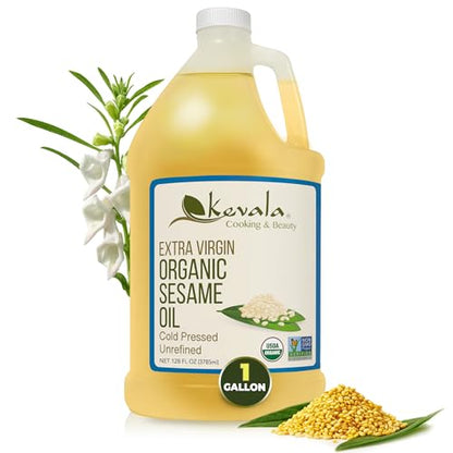 Kevala Organic Extra Virgin Sesame Oil – Cold Pressed, Unrefined & Non-GMO Cooking Oil for Salad, Frying, Baking, and Skin or Hair Use – Gluten Free & Kosher Certified – 128 Oz