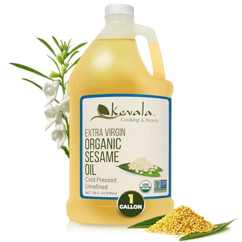Kevala Organic Extra Virgin Sesame Oil – Cold Pressed, Unrefined & Non-GMO Cooking Oil for Salad, Frying, Baking, and Skin or Hair Use – Gluten Free & Kosher Certified – 128 Oz