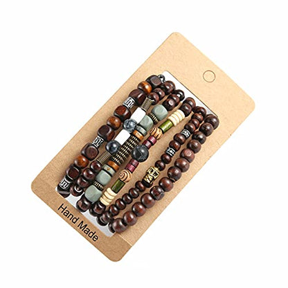 HZMAN Handmade Hemp Cords Wood Beads Leather Bracelets for Men Women - style: Skull