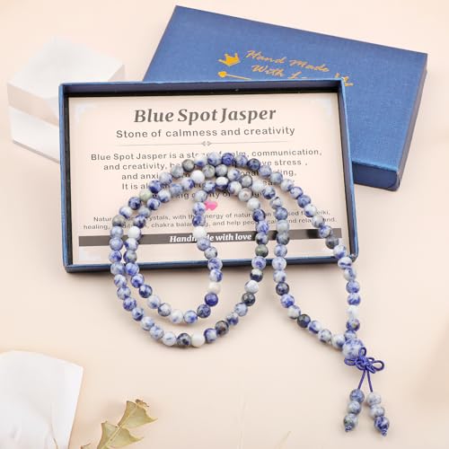 AD Beads 6mm 8mm 108 Prayer Mala Jasper Elastic Bracelet - Handmade Yoga Meditation Healing Power Energy Gifts for Unisex Adult. - color: Blue Spot Jasper(Creativity)